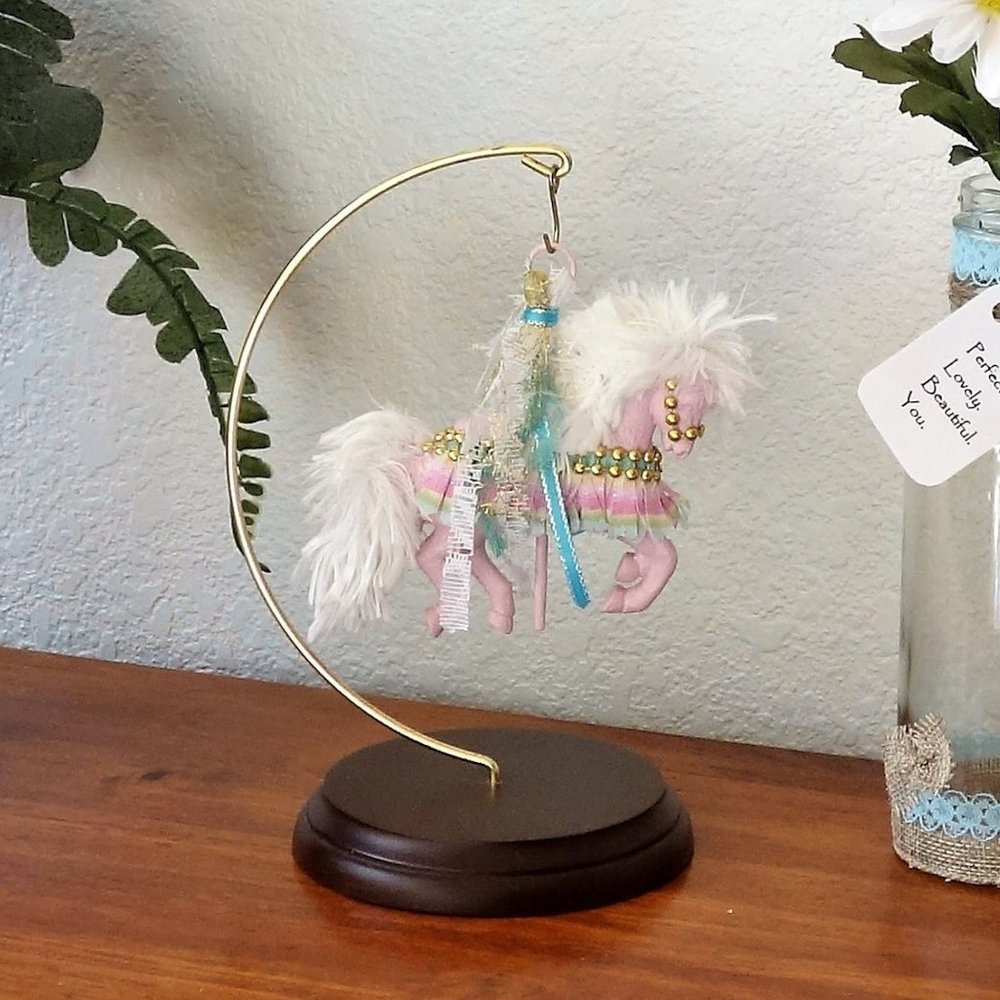 Carousel Horse Statue with Solid Wood Base Hanger, Pink Carousel Horse Decor